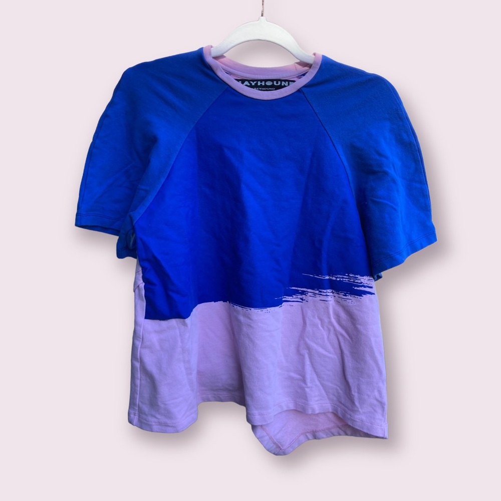 Asymmetrical purple and blue short sleeve